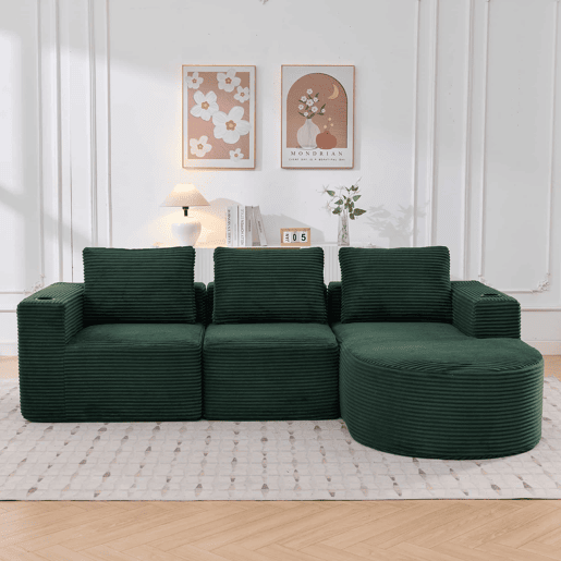 Sofá de 3 lugares com 258 cm - compacto, com três almofadas (1 de penas + 2 com porta-copos) - ideal para salas pequenas, apartamentos e escritórios - Verde Retro