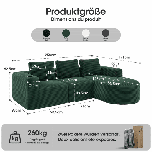 Sofá de 3 lugares com 258 cm - compacto, com três almofadas (1 de penas + 2 com porta-copos) - ideal para salas pequenas, apartamentos e escritórios - Verde Retro