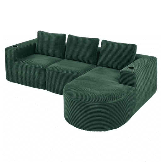Sofá de 3 lugares com 258 cm - compacto, com três almofadas (1 de penas + 2 com porta-copos) - ideal para salas pequenas, apartamentos e escritórios - Verde Retro