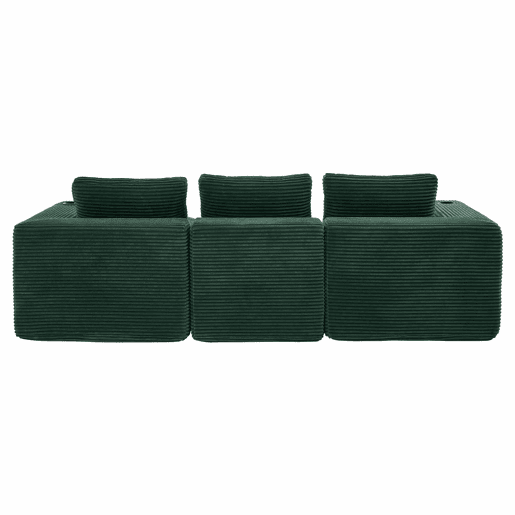 Sofá de 3 lugares com 258 cm - compacto, com três almofadas (1 de penas + 2 com porta-copos) - ideal para salas pequenas, apartamentos e escritórios - Verde Retro