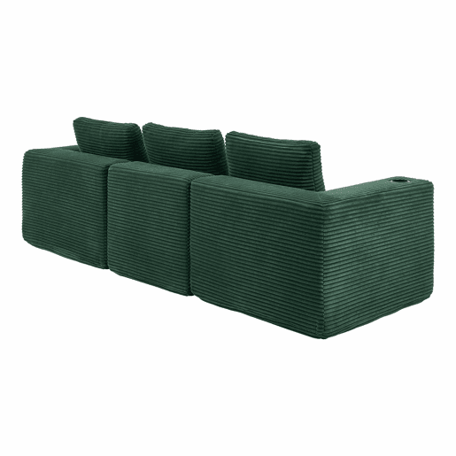 Sofá de 3 lugares com 258 cm - compacto, com três almofadas (1 de penas + 2 com porta-copos) - ideal para salas pequenas, apartamentos e escritórios - Verde Retro