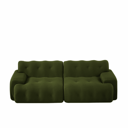Sofá de 2 lugares grande - braços largos, design moderno com botões, formato curvo, sem montagem - verde