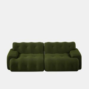 Sofá de 2 lugares grande - braços largos, design moderno com botões, formato curvo, sem montagem - verde