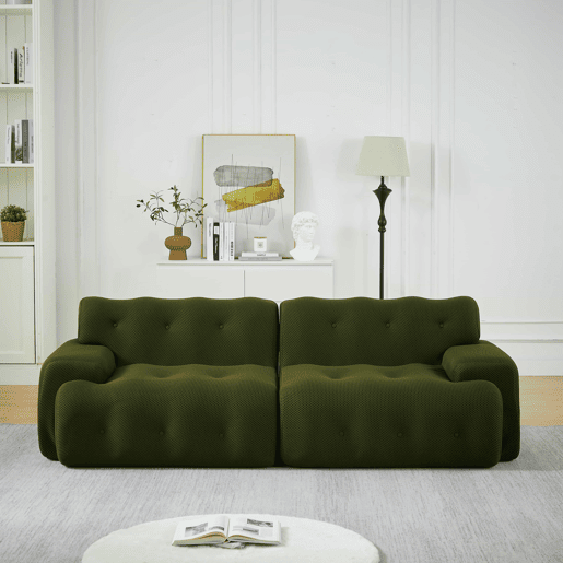 Sofá de 2 lugares grande - braços largos, design moderno com botões, formato curvo, sem montagem - verde