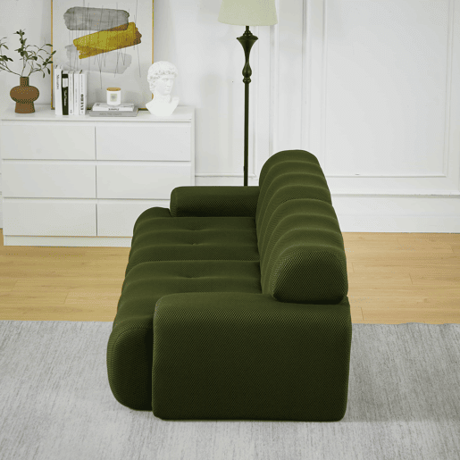 Sofá de 2 lugares grande - braços largos, design moderno com botões, formato curvo, sem montagem - verde