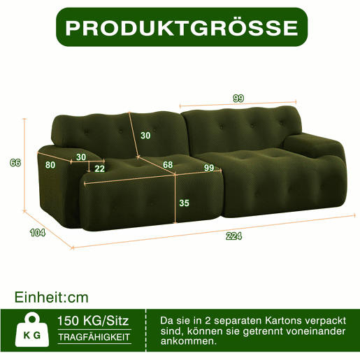 Sofá de 2 lugares grande - braços largos, design moderno com botões, formato curvo, sem montagem - verde