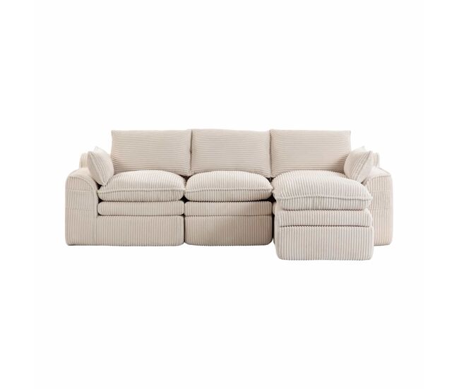 Sofá modular 3 plazas - con puff, cojines y 2 bolsillos laterales - beige