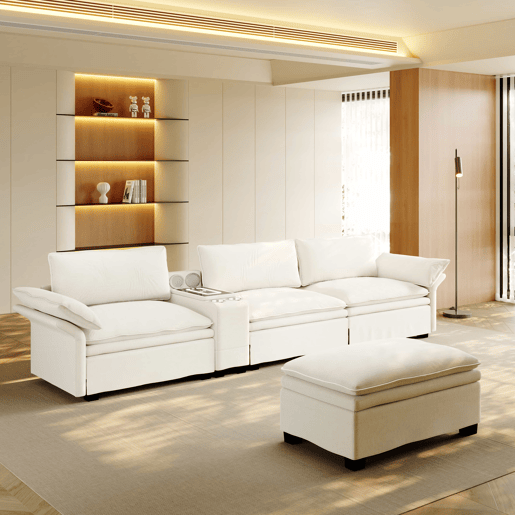 Sofá modular em L com 315 cm e 4 lugares u2013 com arrumação, otomana, carregamento sem fios, altifalantes, luzes LED e porta-copos, estofo em chenille tipo «cloud» u2013 bege Sofá modular em L com 315 cm e 4 lugares u2013 com arrumação, otomana, carregamento sem fios, altifalantes, luzes LED e porta-copos, estofo em chenille tipo «cloud» u2013 bege