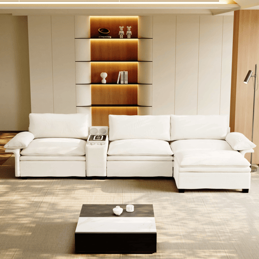 Sofá modular em L com 315 cm e 4 lugares u2013 com arrumação, otomana, carregamento sem fios, altifalantes, luzes LED e porta-copos, estofo em chenille tipo «cloud» u2013 bege Sofá modular em L com 315 cm e 4 lugares u2013 com arrumação, otomana, carregamento sem fios, altifalantes, luzes LED e porta-copos, estofo em chenille tipo «cloud» u2013 bege