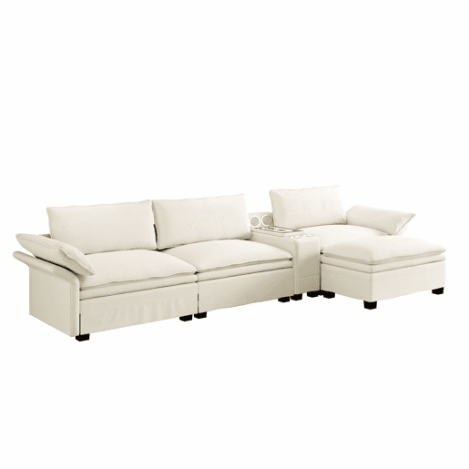 Sofá modular em L com 315 cm e 4 lugares u2013 com arrumação, otomana, carregamento sem fios, altifalantes, luzes LED e porta-copos, estofo em chenille tipo «cloud» u2013 bege Sofá modular em L com 315 cm e 4 lugares u2013 com arrumação, otomana, carregamento sem fios, altifalantes, luzes LED e porta-copos, estofo em chenille tipo «cloud» u2013 bege