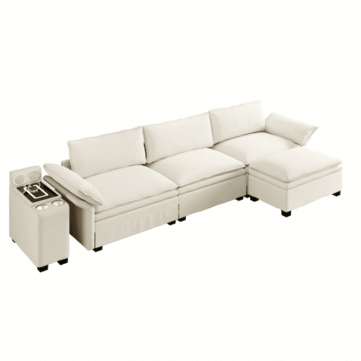 Sofá modular em L com 315 cm e 4 lugares u2013 com arrumação, otomana, carregamento sem fios, altifalantes, luzes LED e porta-copos, estofo em chenille tipo «cloud» u2013 bege Sofá modular em L com 315 cm e 4 lugares u2013 com arrumação, otomana, carregamento sem fios, altifalantes, luzes LED e porta-copos, estofo em chenille tipo «cloud» u2013 bege