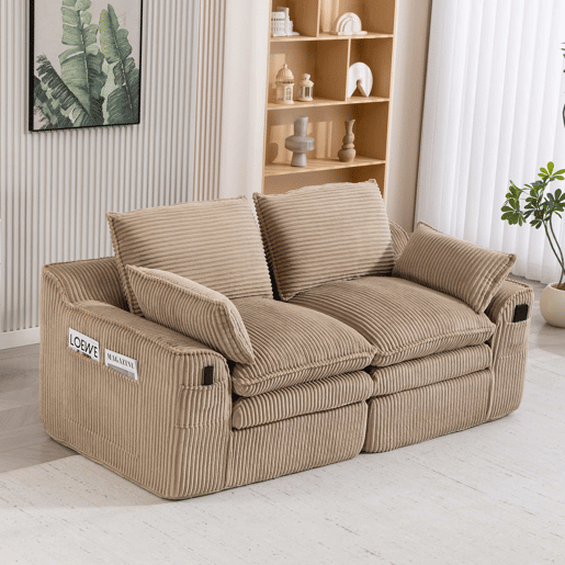 Sofá modular de veludo de 2 lugares - com almofadas incluídas, bolsos laterais de dois tamanhos, espuma de 3 camadas e núcleo de molas para recuperação rápida - cáqui