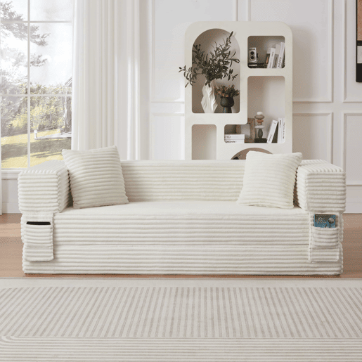 Sofá Cord de 3 lugares - Design moderno, formato quadrado clássico, design exclusivo de duas camadas, transformável em cama - Branco