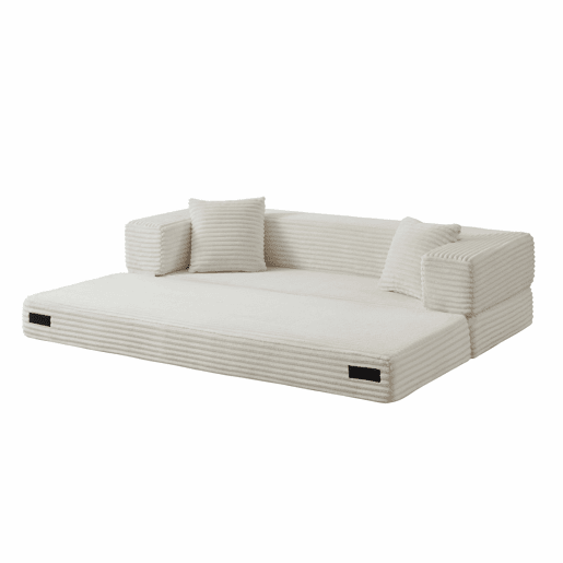 Sofá Cord de 3 lugares - Design moderno, formato quadrado clássico, design exclusivo de duas camadas, transformável em cama - Branco