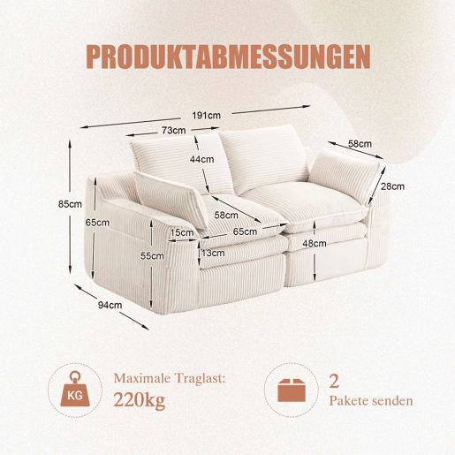 Sofá modular de 2 lugares - com almofadas e dois bolsos laterais de tamanhos diferentes, espuma de 3 camadas + molas para uma rápida recuperação - Bege