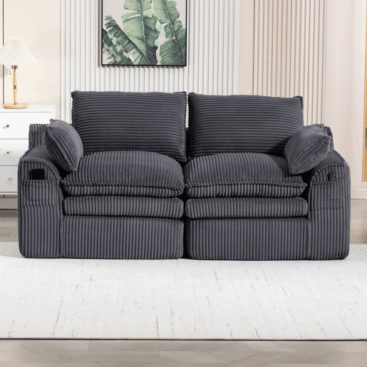 Sofá modular de veludo cotelê de 2 lugares - almofadas, bolsos laterais duplos, espuma de 3 camadas + núcleo de molas, recuperação rápida - cinzento escuro