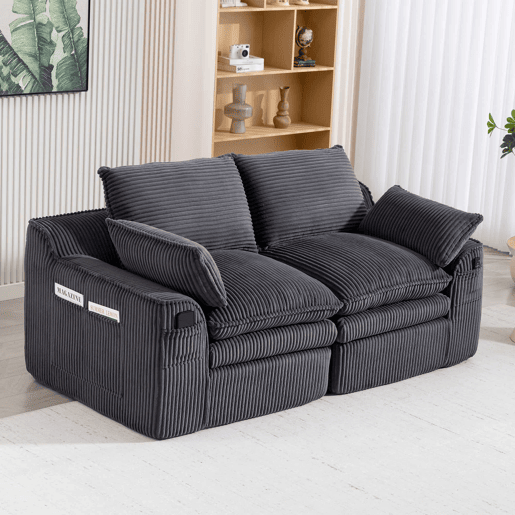 Sofá modular de veludo cotelê de 2 lugares - almofadas, bolsos laterais duplos, espuma de 3 camadas + núcleo de molas, recuperação rápida - cinzento escuro