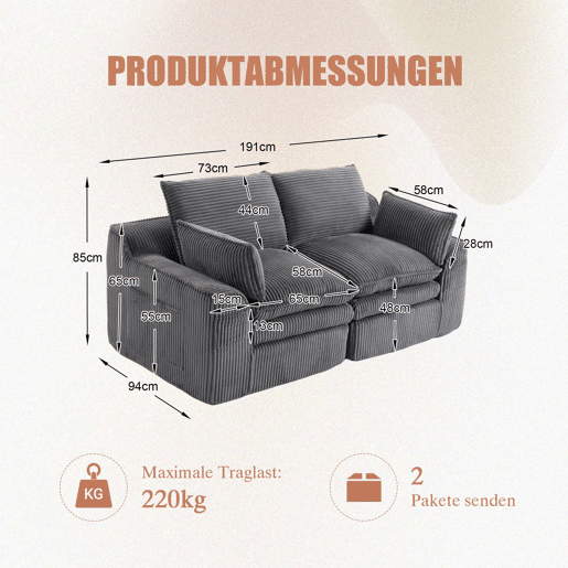 Sofá modular de veludo cotelê de 2 lugares - almofadas, bolsos laterais duplos, espuma de 3 camadas + núcleo de molas, recuperação rápida - cinzento escuro