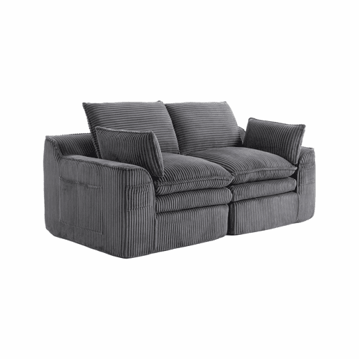 Sofá modular de veludo cotelê de 2 lugares - almofadas, bolsos laterais duplos, espuma de 3 camadas + núcleo de molas, recuperação rápida - cinzento escuro