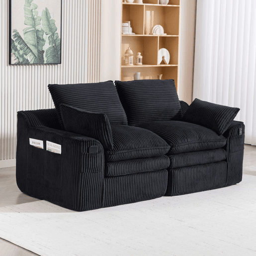 Sofá modular de veludo cotelê de 2 lugares - almofadas incluídas, bolsos laterais de dois tamanhos, espuma de 3 camadas + núcleo de molas, recuperação rápida, sala de estar e escritório - preto