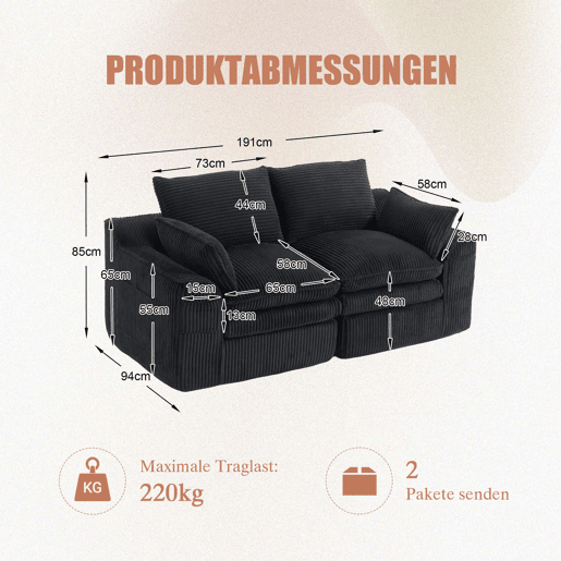 Sofá modular de veludo cotelê de 2 lugares - almofadas incluídas, bolsos laterais de dois tamanhos, espuma de 3 camadas + núcleo de molas, recuperação rápida, sala de estar e escritório - preto