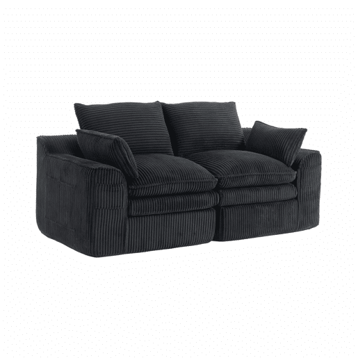 Sofá modular de veludo cotelê de 2 lugares - almofadas incluídas, bolsos laterais de dois tamanhos, espuma de 3 camadas + núcleo de molas, recuperação rápida, sala de estar e escritório - preto