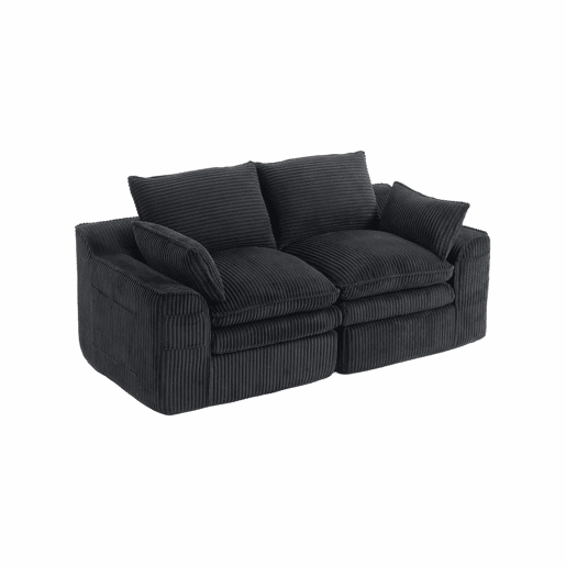 Sofá modular de veludo cotelê de 2 lugares - almofadas incluídas, bolsos laterais de dois tamanhos, espuma de 3 camadas + núcleo de molas, recuperação rápida, sala de estar e escritório - preto