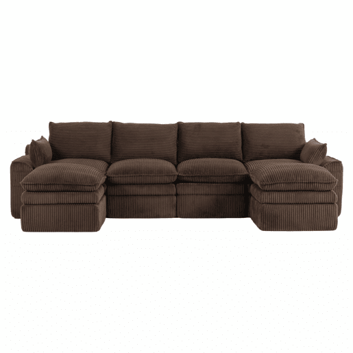 Sofá modular de 4 lugares com 2 pufes - inclui almofadas e 2 bolsos laterais, espuma de 3 camadas + molas para um retorno rápido - cor castanha