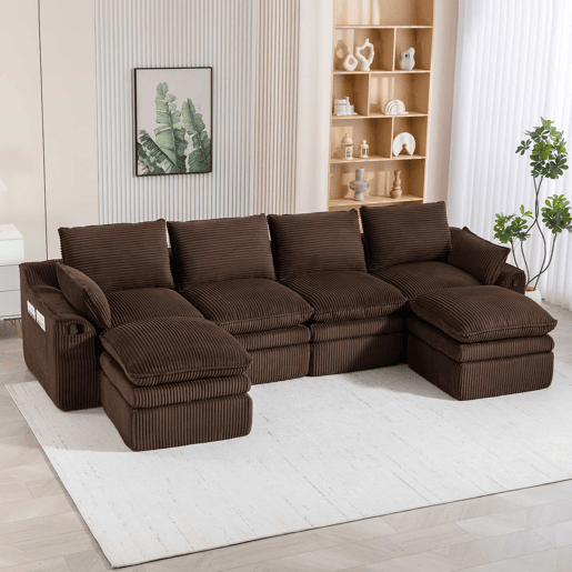 Sofá modular de 4 lugares com 2 pufes - inclui almofadas e 2 bolsos laterais, espuma de 3 camadas + molas para um retorno rápido - cor castanha