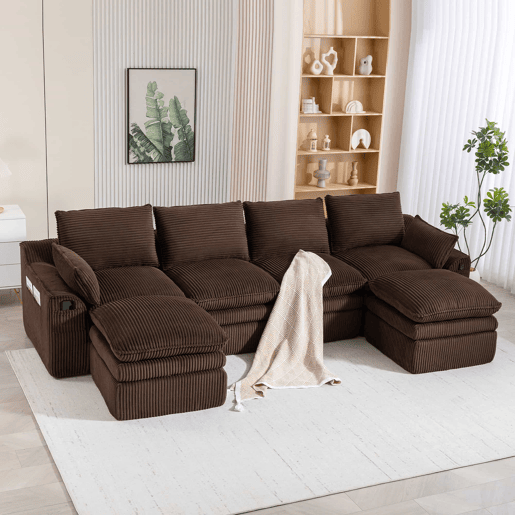 Sofá modular de 4 lugares com 2 pufes - inclui almofadas e 2 bolsos laterais, espuma de 3 camadas + molas para um retorno rápido - cor castanha