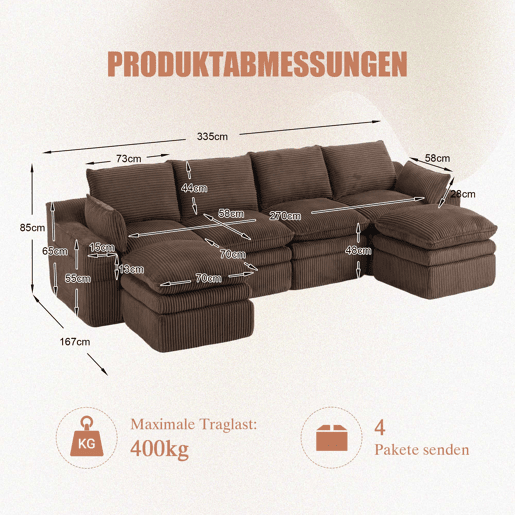 Sofá modular de 4 lugares com 2 pufes - inclui almofadas e 2 bolsos laterais, espuma de 3 camadas + molas para um retorno rápido - cor castanha