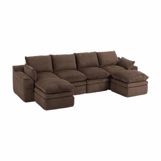 Sofá modular de 4 lugares com 2 pufes - inclui almofadas e 2 bolsos laterais, espuma de 3 camadas + molas para um retorno rápido - cor castanha