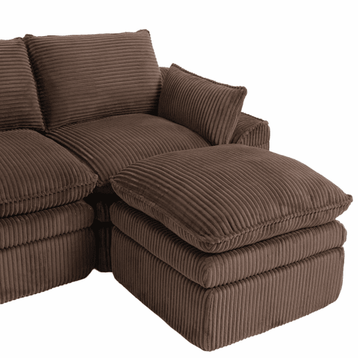 Sofá modular de 4 lugares com 2 pufes - inclui almofadas e 2 bolsos laterais, espuma de 3 camadas + molas para um retorno rápido - cor castanha
