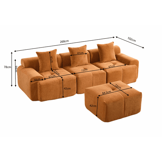 Sofá modular de 3 lugares 268×102×78 cm - em forma de L, sem estrutura, espuma viscoelástica, sem montagem - Laranja