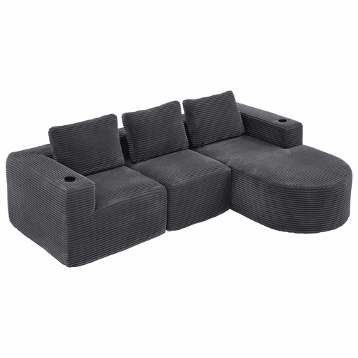 Sofá de 3 lugares com 258 cm - compacto, com 3 almofadas, suportes para copos e confortável - cinzento escuro