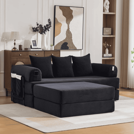 Sofá modular de 3 lugares - Modular, com almofadas confortáveis, estrutura em metal e bolso lateral - Preto