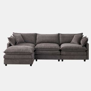 Sofá de canto modular de 3 lugares u2013 com chaise longue e banqueta, tecido de chenille premium, confortável e respirável u2013 cinzento