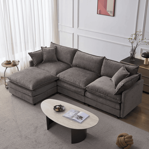 Sofá de canto modular de 3 lugares u2013 com chaise longue e banqueta, tecido de chenille premium, confortável e respirável u2013 cinzento