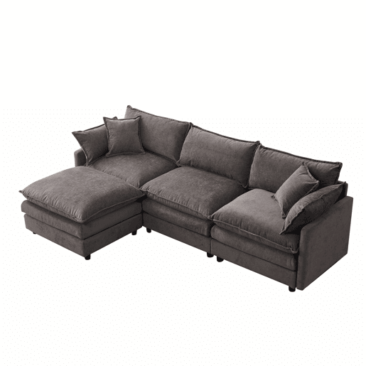 Sofá de canto modular de 3 lugares u2013 com chaise longue e banqueta, tecido de chenille premium, confortável e respirável u2013 cinzento