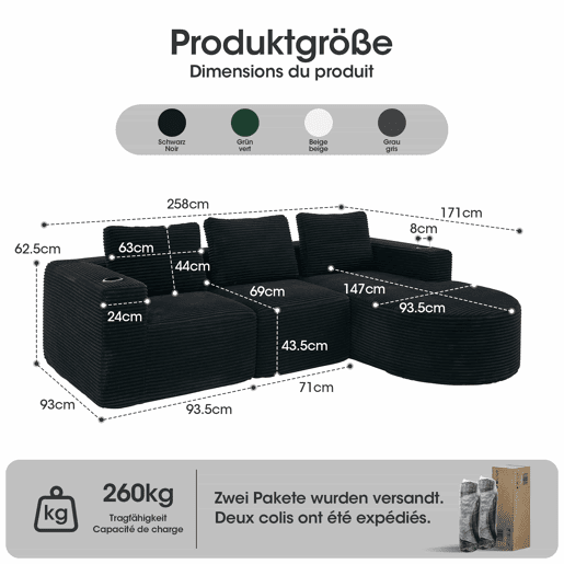 Sofá de 3 lugares, 258 cm u2013 com três almofadas, suportes para copos, confortável e compacto u2013 preto
