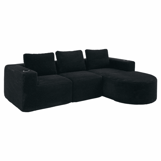Sofá de 3 lugares, 258 cm u2013 com três almofadas, suportes para copos, confortável e compacto u2013 preto