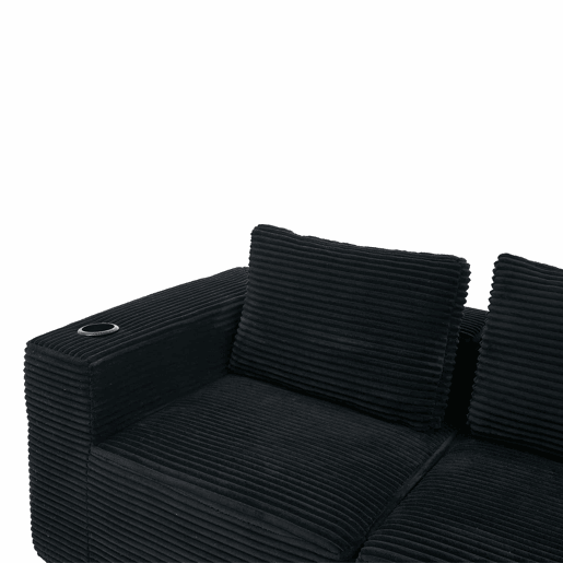 Sofá de 3 lugares, 258 cm u2013 com três almofadas, suportes para copos, confortável e compacto u2013 preto