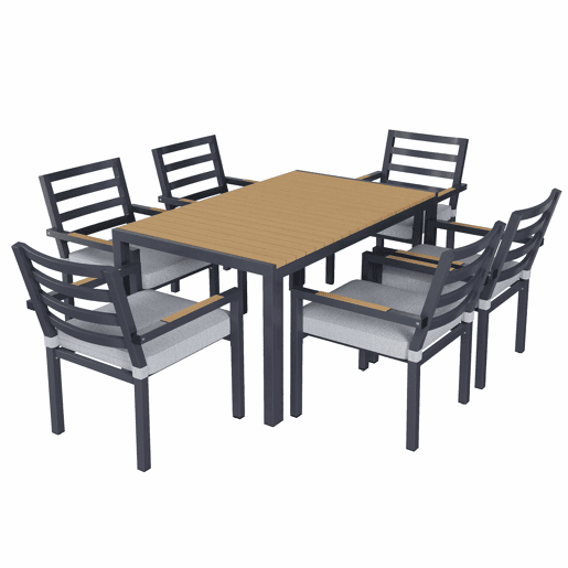 Conjunto de jantar de jardim para 6 pessoas - 1 mesa e 6 cadeiras, ferro galvanizado, tampo em madeira plástica - cinzento