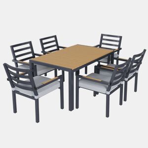 Conjunto de jantar de jardim para 6 pessoas - 1 mesa e 6 cadeiras, ferro galvanizado, tampo em madeira plástica - cinzento