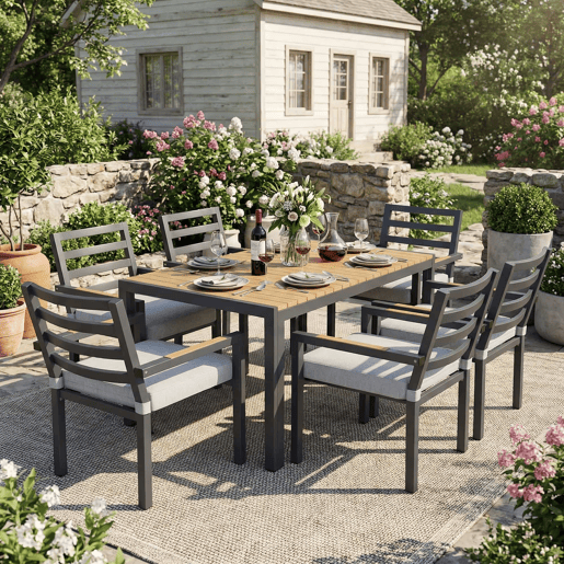 Conjunto de jantar de jardim para 6 pessoas - 1 mesa e 6 cadeiras, ferro galvanizado, tampo em madeira plástica - cinzento