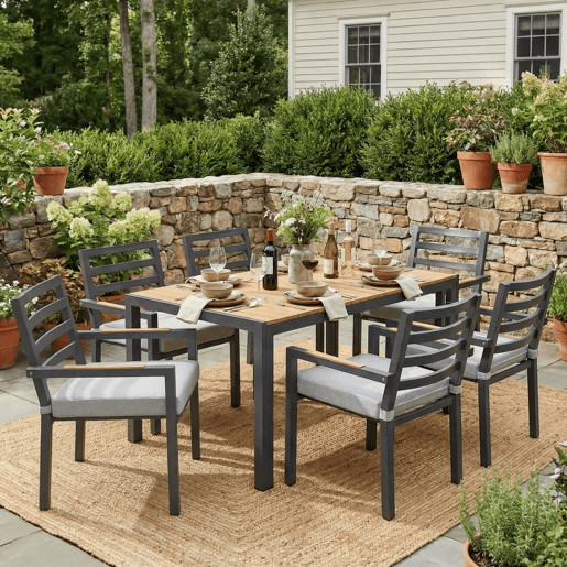 Conjunto de jantar de jardim para 6 pessoas - 1 mesa e 6 cadeiras, ferro galvanizado, tampo em madeira plástica - cinzento