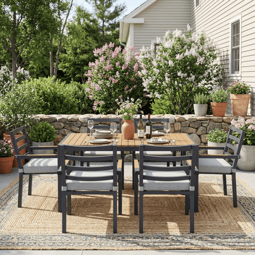 Conjunto de jantar de jardim para 6 pessoas - 1 mesa e 6 cadeiras, ferro galvanizado, tampo em madeira plástica - cinzento