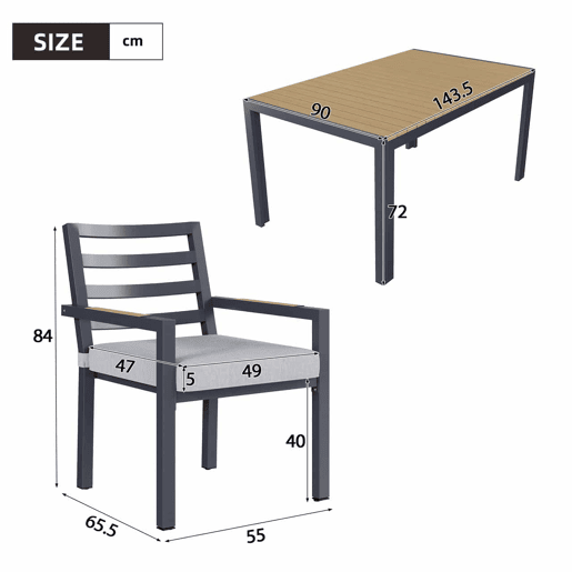 Conjunto de jantar de jardim para 6 pessoas - 1 mesa e 6 cadeiras, ferro galvanizado, tampo em madeira plástica - cinzento