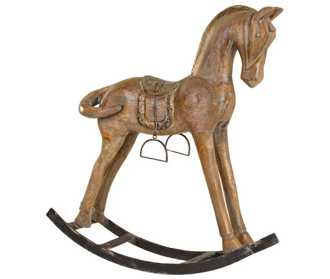 Caballo balancín de madera acabado artesanal marrón 56x14x58h cm