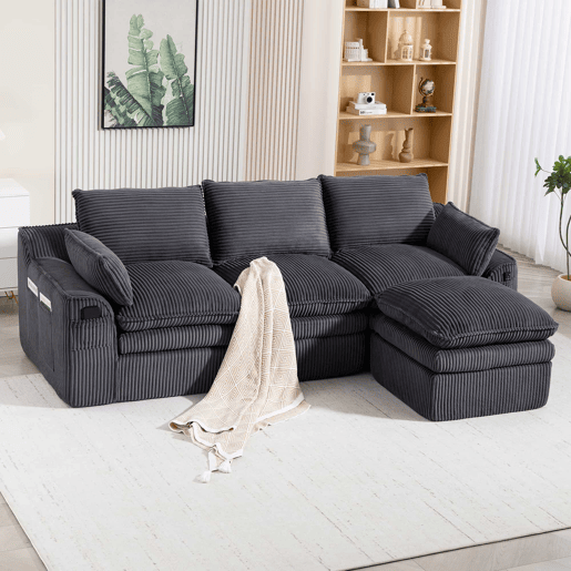 Sofá modular de 3 lugares - Com almofadas e 2 bolsos laterais, espuma de 3 camadas + molas para recuperação rápida - Cinza escuro